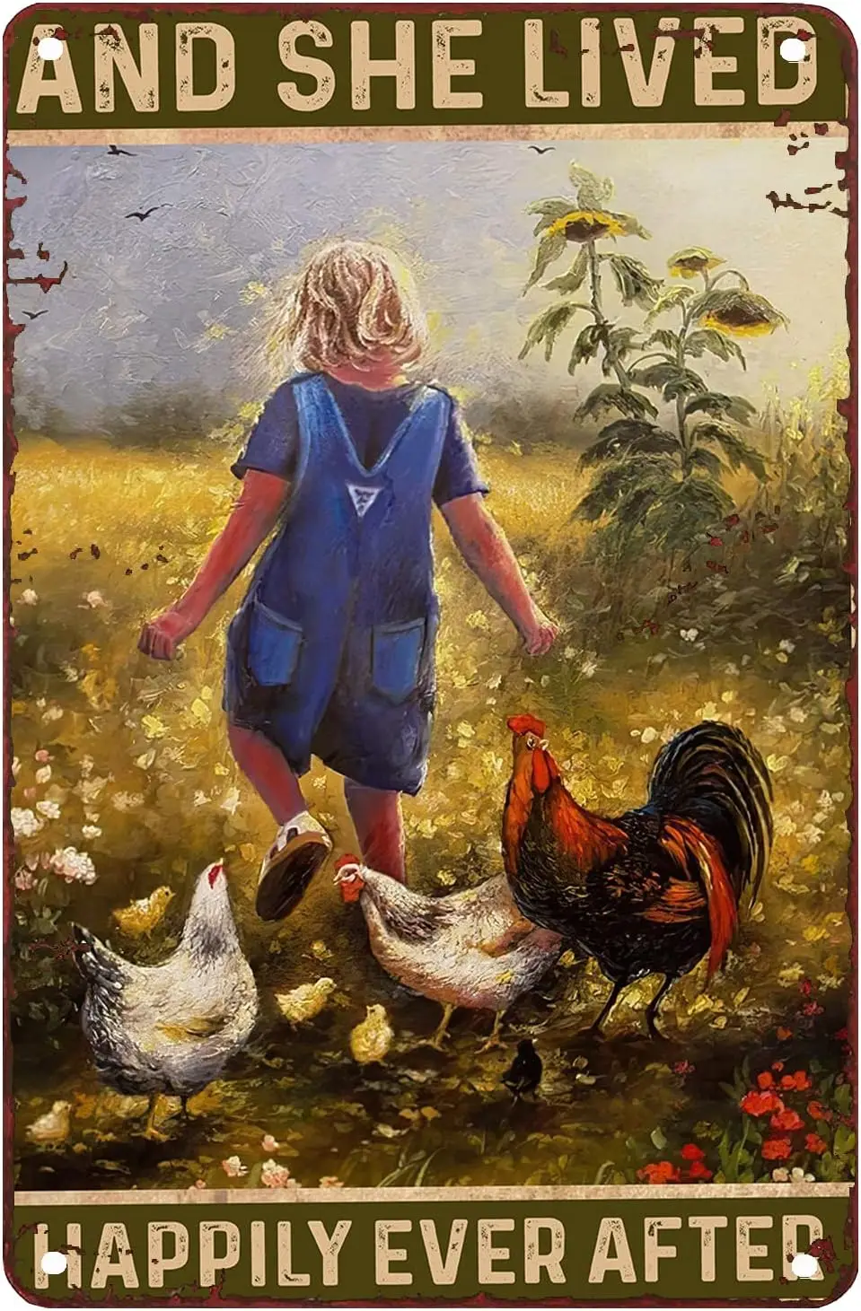 Rustic Tin Decor Farm Girl And She Lived Happily Ever After Chicken Sign Decor Metal Sign Vintage Home Decor Rustic Aluminu sign