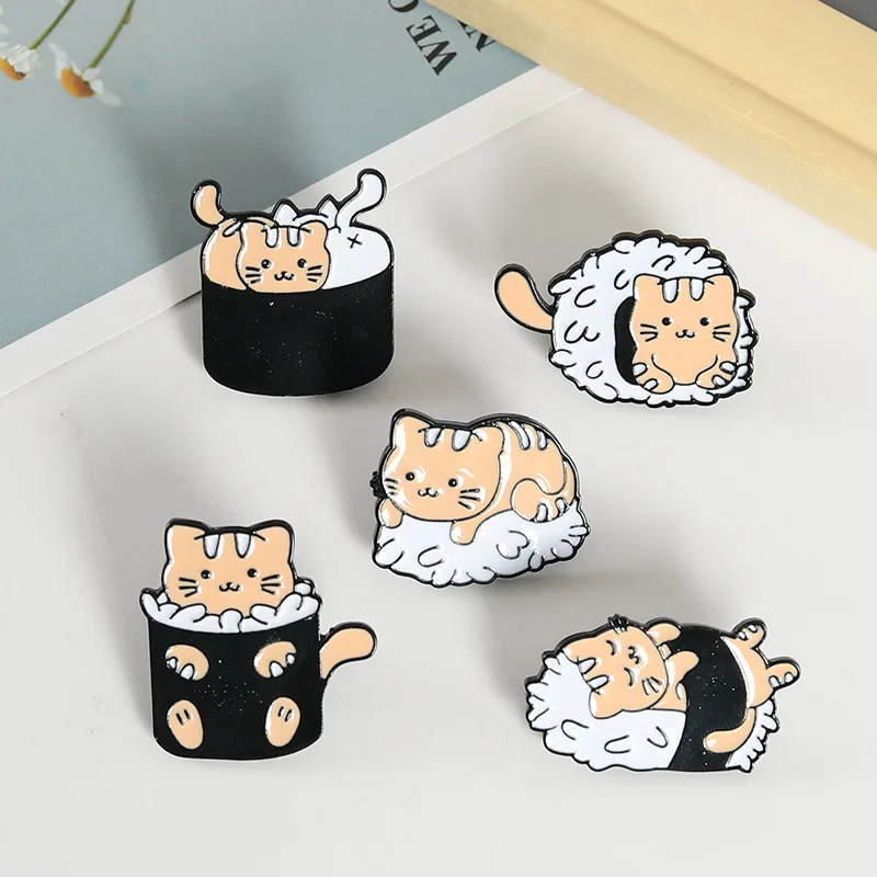 Cartoon Cute Cat Enamel Pins Black Fluid Cat French fries doughnut Brooches Lapel Badge Punk Animal Jewelry Gift for Friends