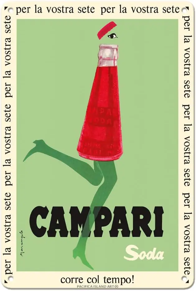 Pacifica Island Art For Your Thirst (Per la Vostra Sete) - Campari Soda - Franz Marangolo c.1950-20.32 x 30.48 cm vintage metal