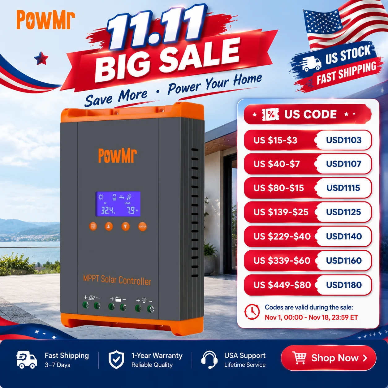 PowMr 60A MPPT Solar Charge Controller 12V/24V/36V/48V Auto Max PV 160V 2800W Supports 12 Units in Parallel for Lead Acid GEL LiFePO4 Batteries with LCD Display for Solar System