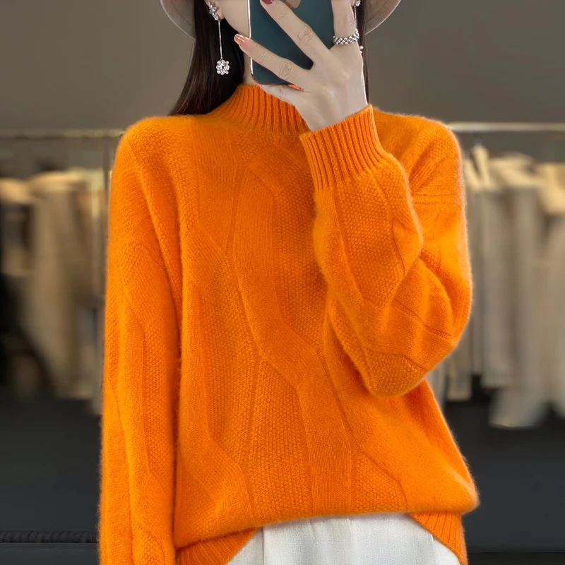 

100% wool autumn and winter women's half high neck solid color thickened knitted cashmere sweater, fashionable and casual sweate