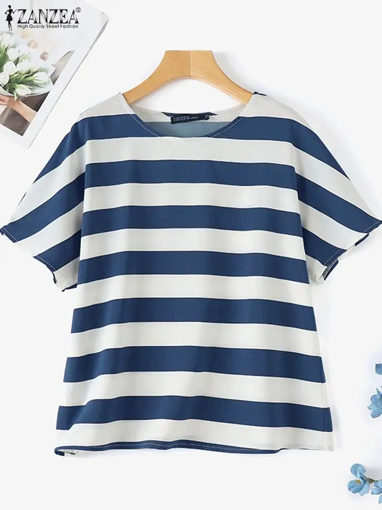 ZANZEA Women Casual Stripe Blouse 2024 Summer Short Sleeve Tops Koeran Fashion All-match Tunic Holiday Loose Round Neck Tunics