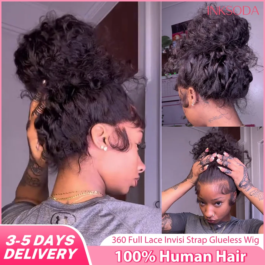 

Hidden Strap Deep Wave 360 HD Lace Front Wigs Human Hair Pre Plucked 220 Density Full Lace Frontal Wig with Invisible Drawstring