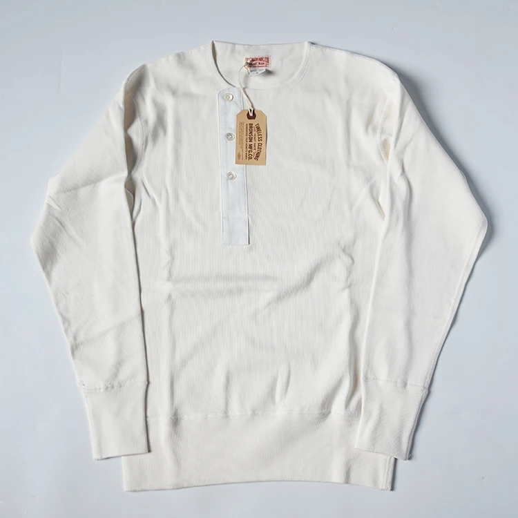 B-Grade Slanted Button Henry Collar Old-Style Thread Pattern Small Collection Long Sleeve Cotton T-Shirt for Men Warmth Youth...