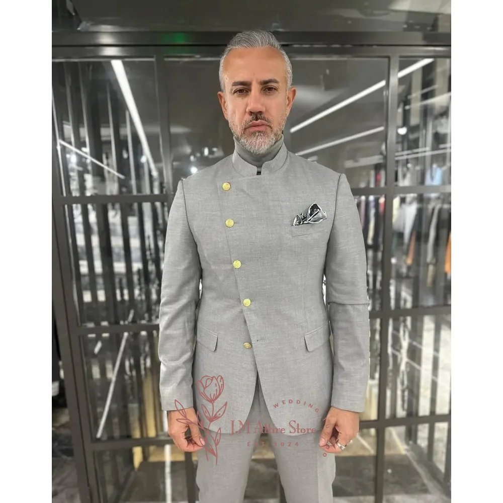 Men tailored African suit 2 piece set jacket pants grey wedding groom outfit for prom dinner cocktail party custom tuxedo