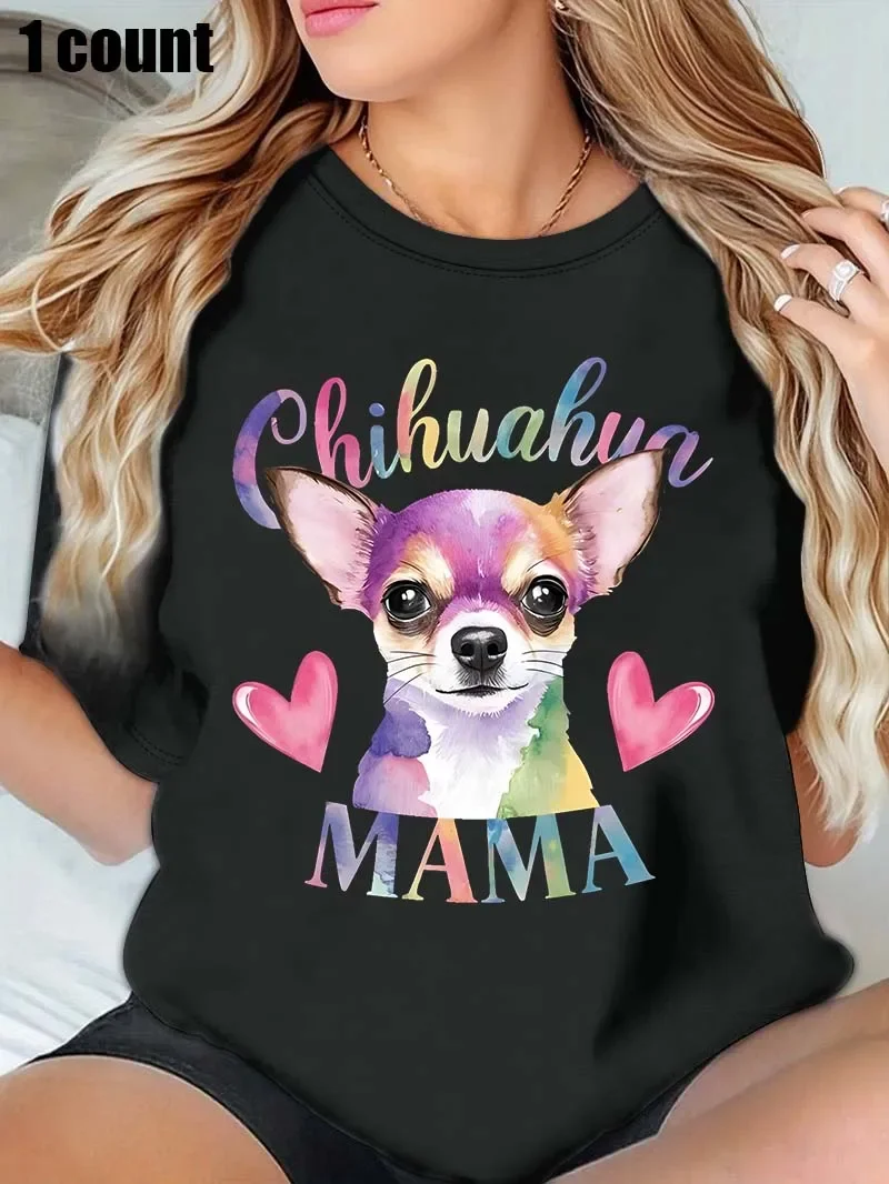 بالإضافة إلى - تي شيرت أبيض برقبة دائرية - قميص مع تشيهواهوا - ماما - طباعة تحت عنوان: حيوان أليف - محب وملون - مصمم