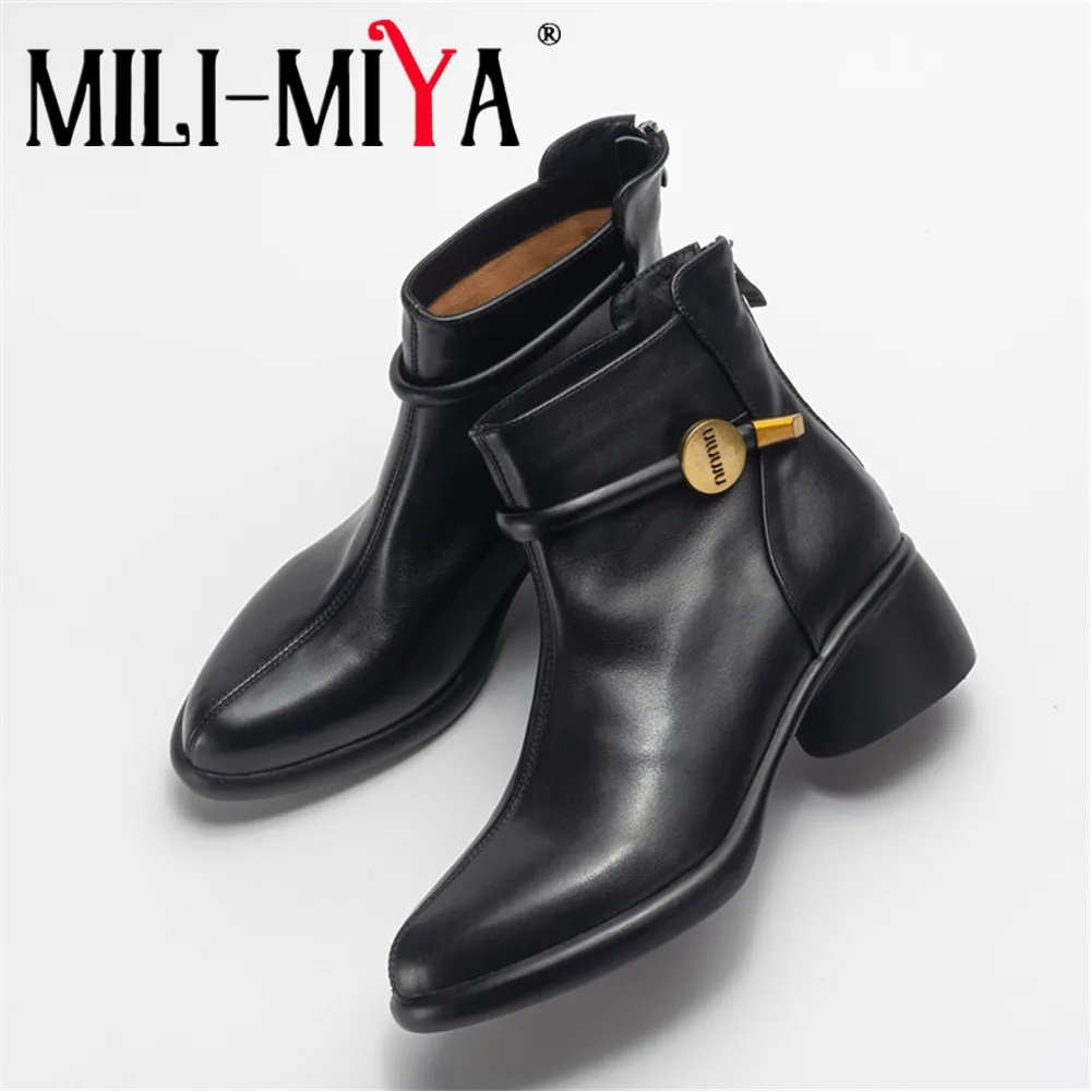 MILI-MIYA Women's Cow Leather Ankle Boots With Centre Seam Detailing Round Toe Square Heel And Solid-Colour Casual Design Handma
