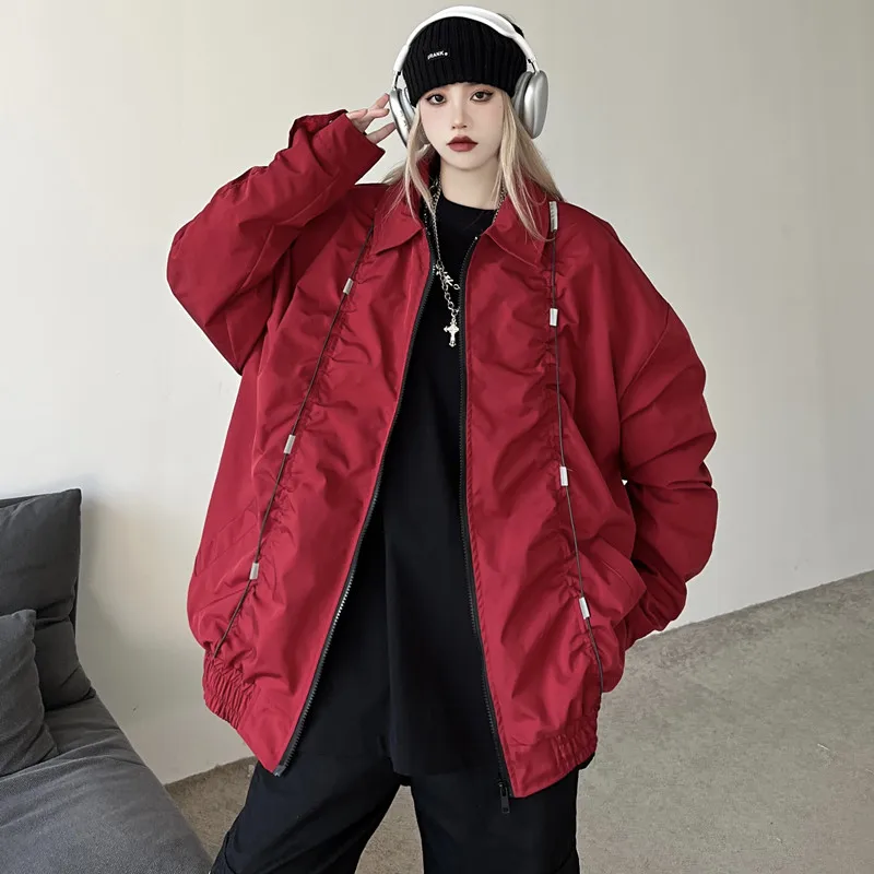 Street Reflective Stripe Heavy Industry Jackets Women's Clothing Spring Autumn Coats 2023 New Retro Loose Bomber Jackets jp718