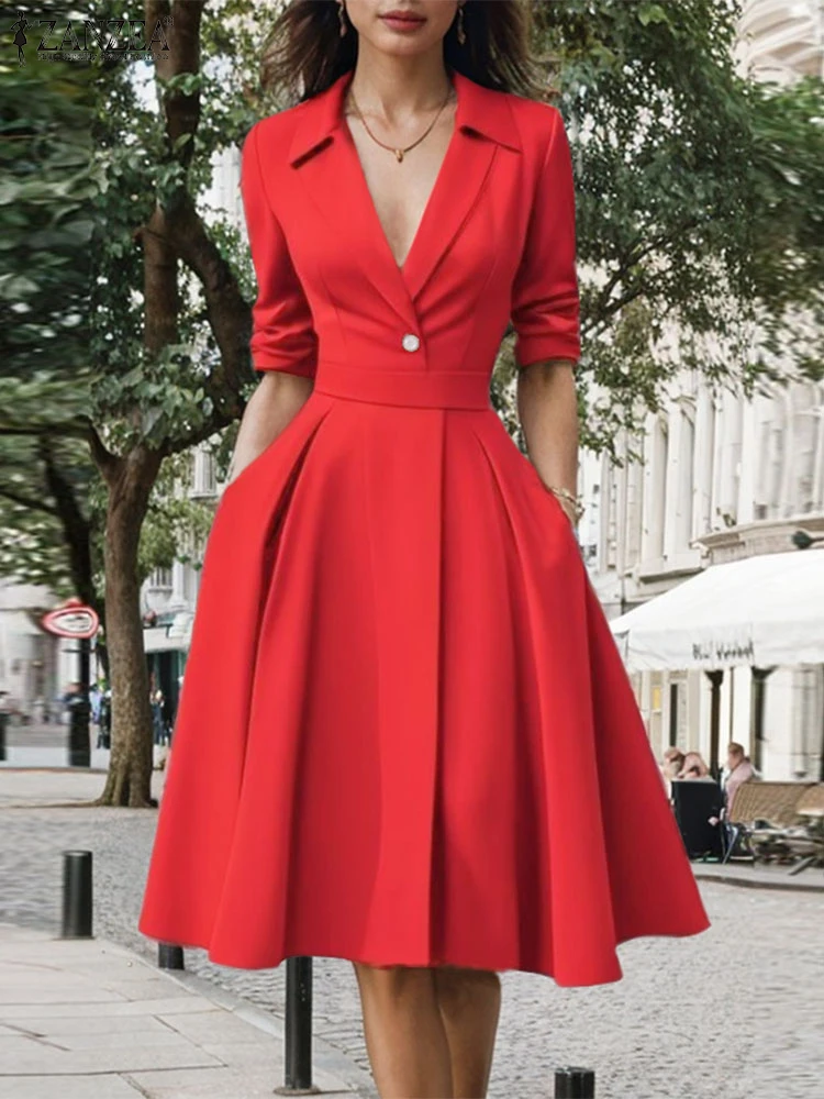 

ZANZEA 2025 Summer Dresses Women Fashion Suit Collar Waisted Office Lady Vestidos Vintage Sundress Half Sleeve Solid Party Robe