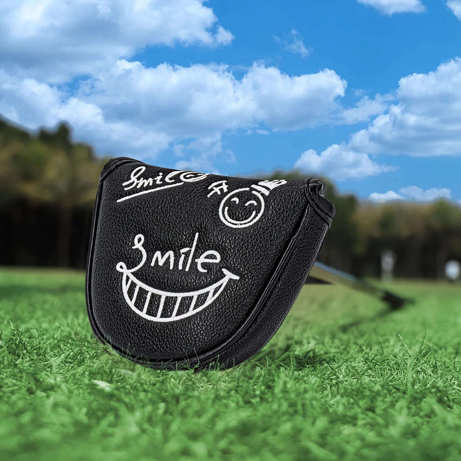 1pc Golf Mallet Putter Cover with Grinning Face Pattern, Semi-Circular Putter Cover, PU Material, Exquisite Premium Embroidery image 2