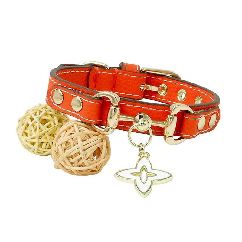 Elegant Orange Leather Pet Collar with Golden Hardware for Fashion - Loving Pets