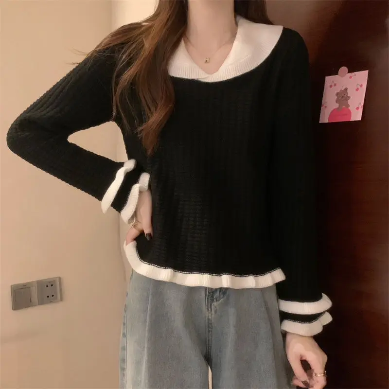 Peter Pan Collar Spliced Knitted Jumpers Female Clothing Contrasting Colors Autumn Winter All-match Korean Long Sleeve Sweaters