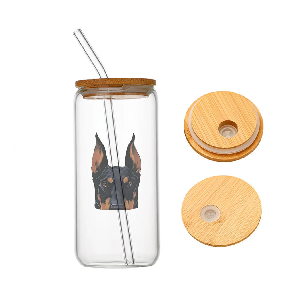 

Pet Lover for Him Her, Black Rust Doberman Pinscher Dog Glass For Heat Resistant High Drinking Cup With Straws Lids 16 oz