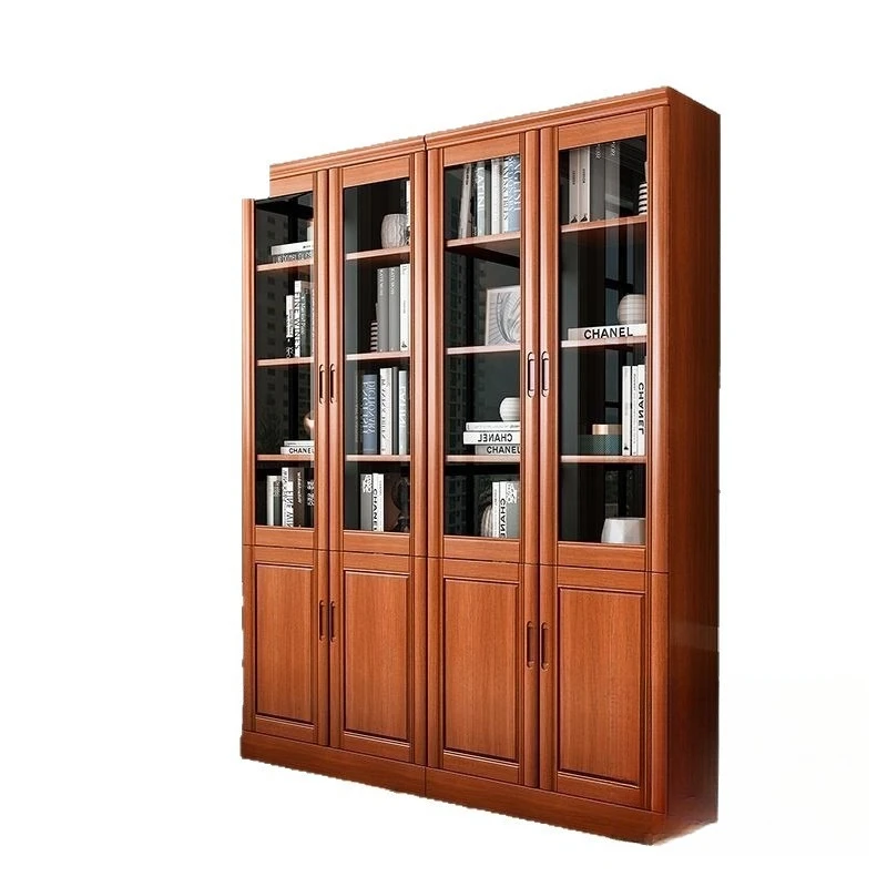 

Pure solid wood office filing cabinet Bookcase All solid wood log bookshelf cabinet with glass door Modern simple Chinese floor