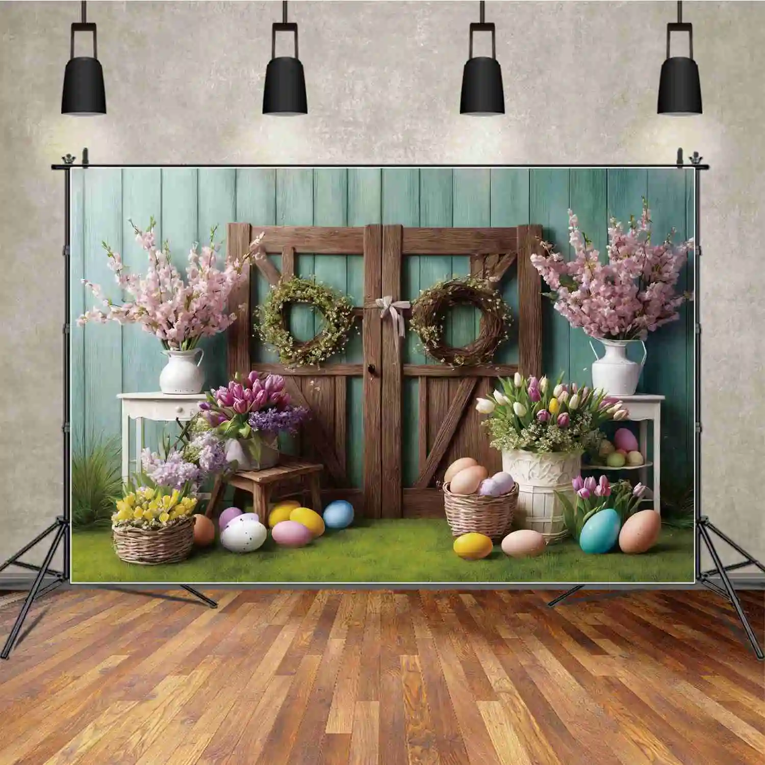 

MOON.QG Garland Painted Eggs Colourful Blossom Flowers Blanket Wood Door Grass Easter Background Decoration Photo Backdrop