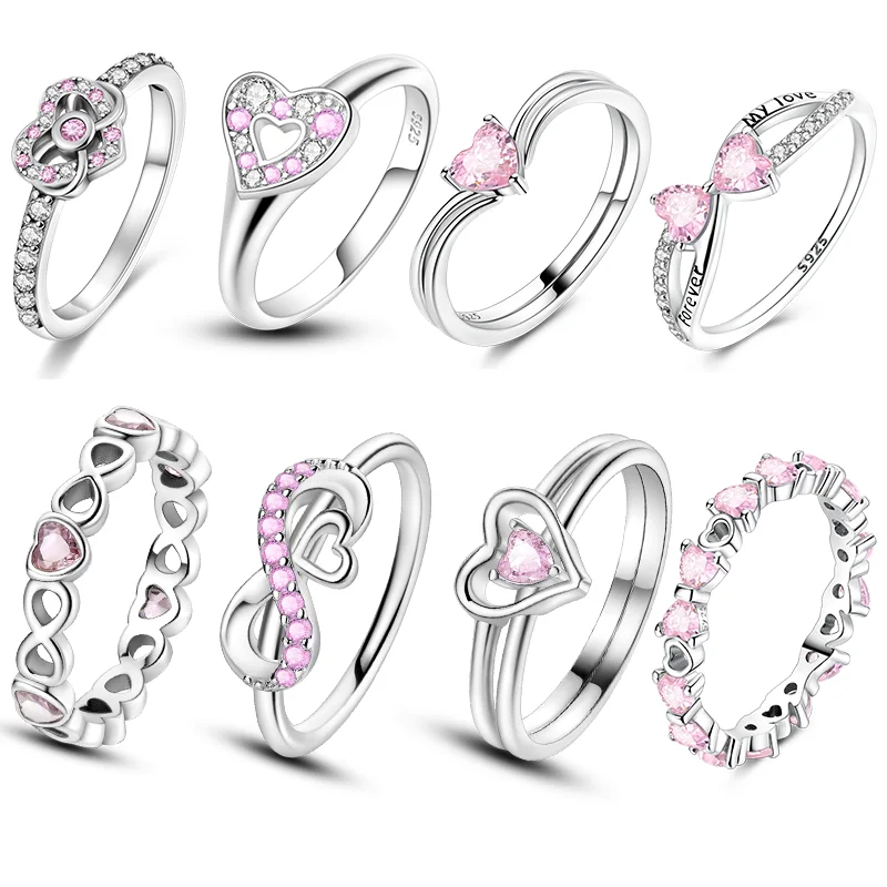 Original Women Silver Rings Sparking Pink Heart Zirconium Ring For Women Girls Engagement Jewelry Anniversary Gift