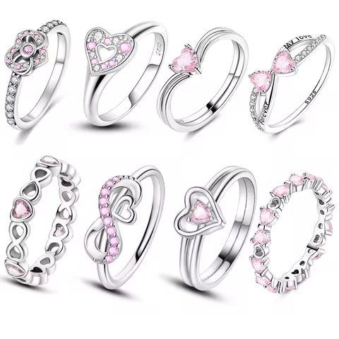 Original Women Silver Rings Sparking Pink Heart Zirconium Ring For Women Girls Engagement Jewelry Anniversary Gift