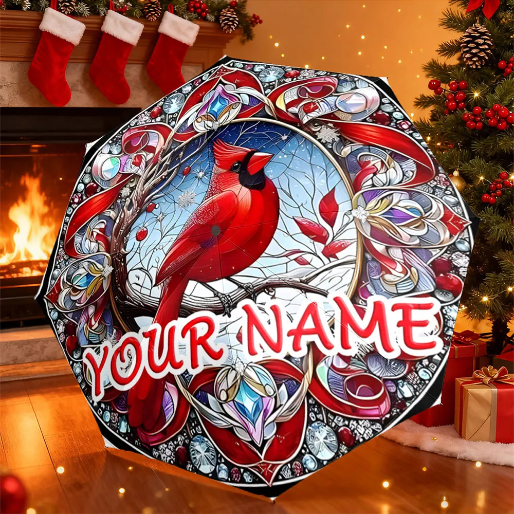 Custom Name Umbrella，Red Cardinal with Floral Pattern - Personalized Umbrella Design,Portable Folding Umbrella,Christmas Gift
