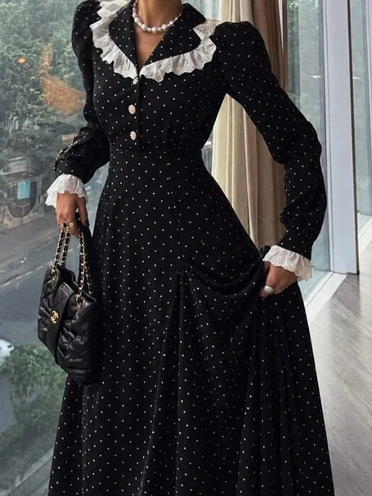 Chic Retro Polka Dot Long Sleeve Dress Elegant Slimming Gown Korean Style Spring Autumn Winter Fashion Women's Clothing
