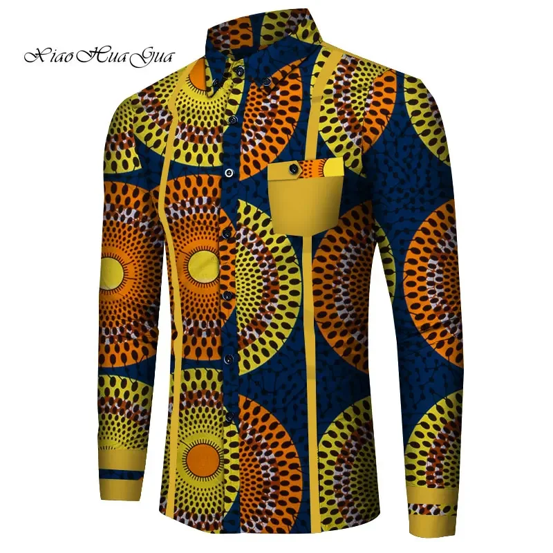 Men Long Sleeve Shirt Bazin Riche Traditional African Clothing Cotton Print Dashiki Tops African Clothes Causal Shirts WYN818