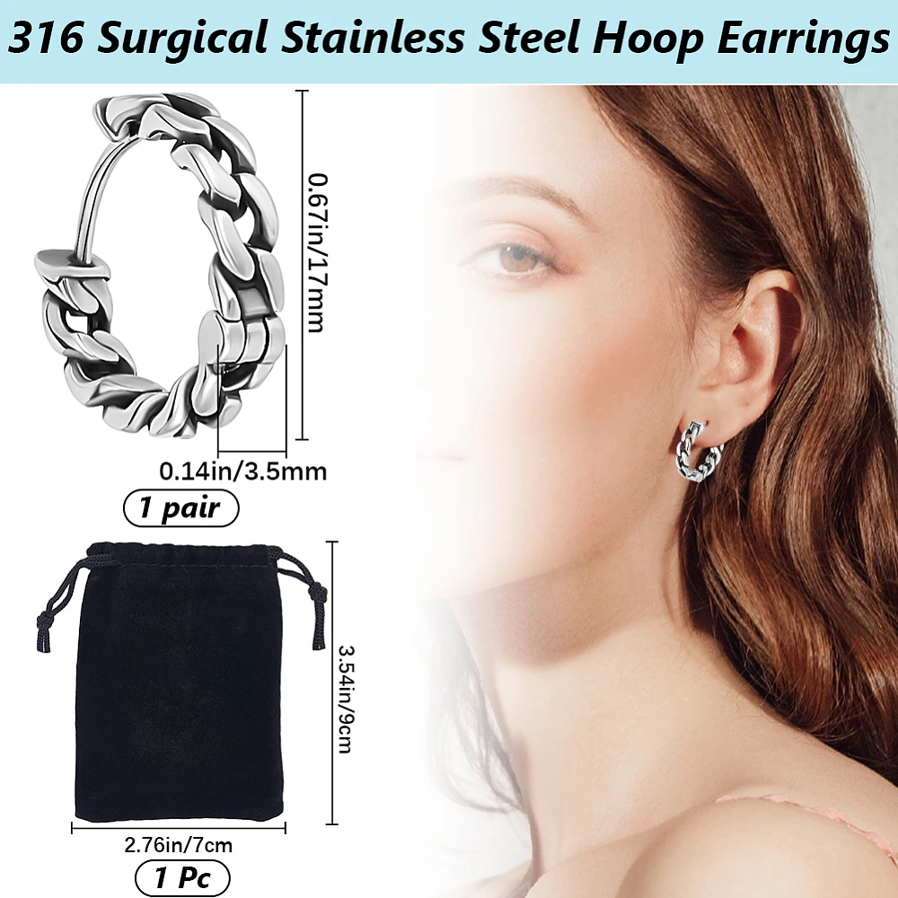 2Pcs Stainless Steel Hoop Earrings with Velvet Pouch Chunky Small 17mm Hollow Vintage Silver Lightweight Hoops Rings Earring