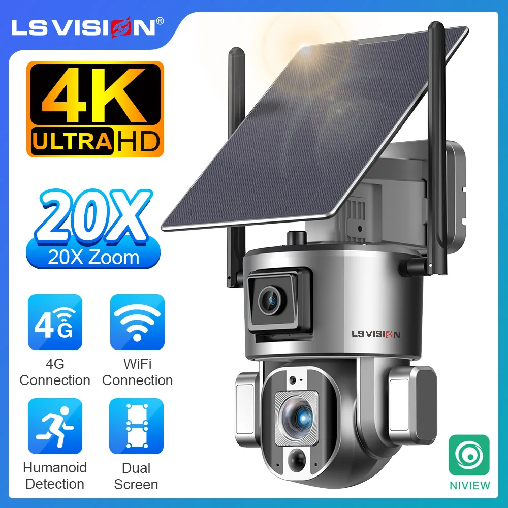 LS VISION 4K Dual Screen 4G Solar Security Camera Outdoor 20X Optical Zoom 8MP WiFi PTZ Auto Tracking Two way Audio CCTV Cameras