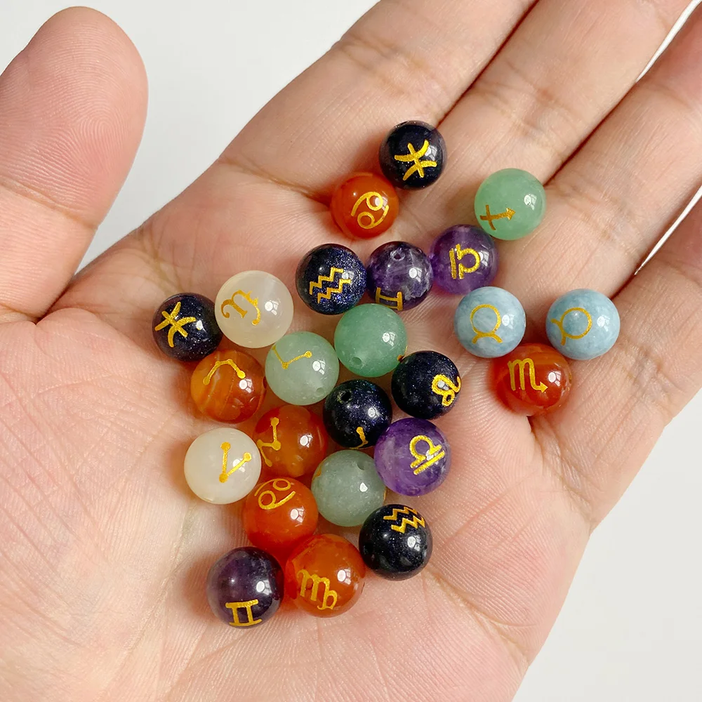 Round Natural Stone 12 Zodiac Sign Beads 10mm Gems Crystal Constellation Beads For Jewelry Making Necklace DIY Bracelet Earrings