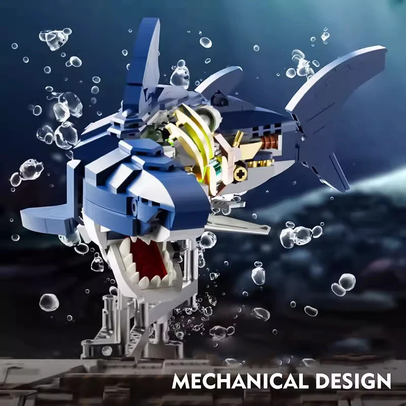 Heiße mechanische Hai-Mantis-Bausteine, Set mit Lichtern, Ziegelsteinen, Tierweltmodell, Block-Geschenk für Kinder und Erwachsene, Heimdekoration