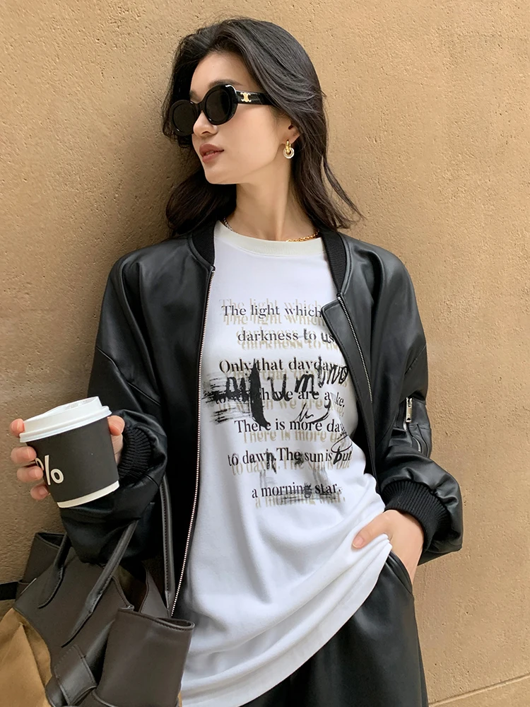 

MeiYang Double-sided Fce Long Sve T-irt Heat Generating Letter Print Casual Oversize round Ne Mid-Length Top