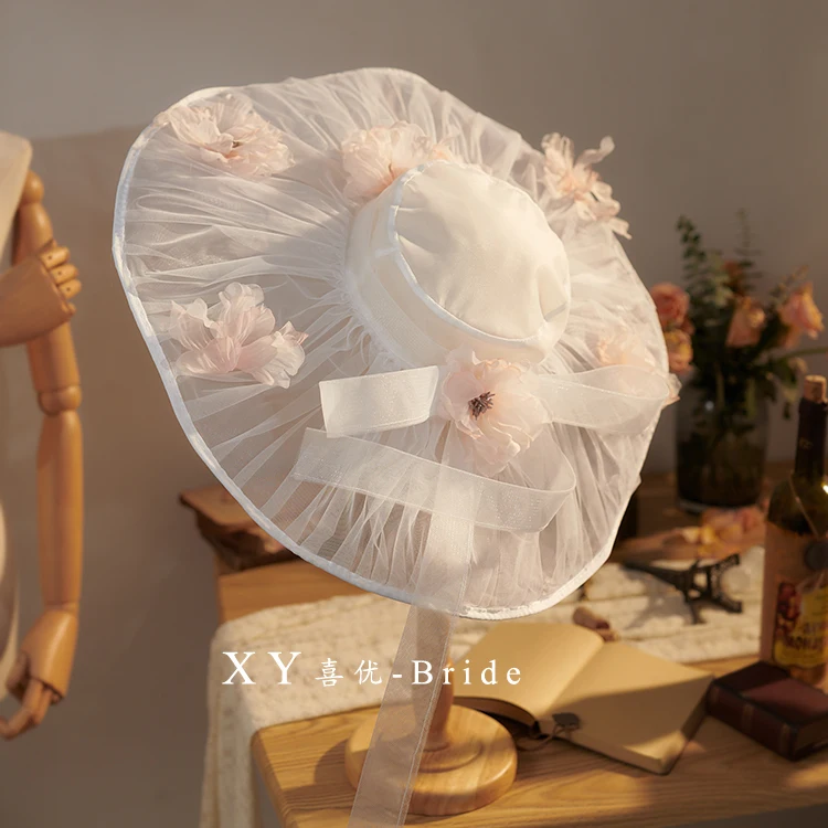 Luxury Pink Flower Mesh Fedoras Headwear Women Large Wide Brim Wedding Hat Bride Church Fancy Show Formal Fedora Cap  Headpiece