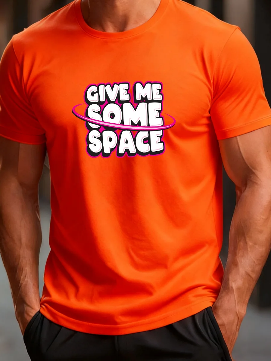

Bright Orange Short Sleeve T-Shirt with "GIVE ME SOME SPACE" Print and Pink Space Ring Design