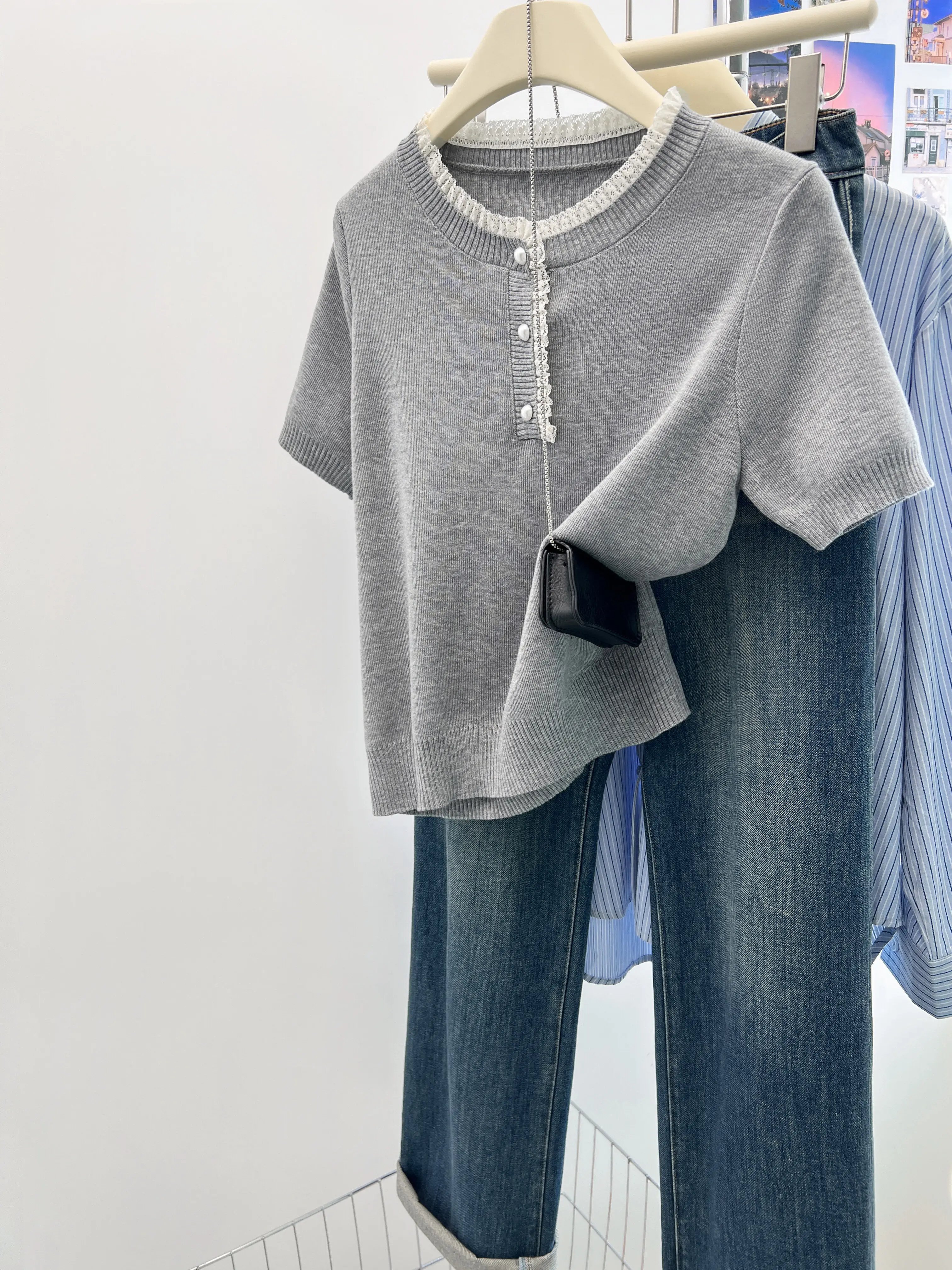 

Lace Trim Splice Short Sleeve T-Shirt Women's Summer Design Unique Beautiful Top Korean Style Loose Fit Ice Silk Skin-Friendl...
