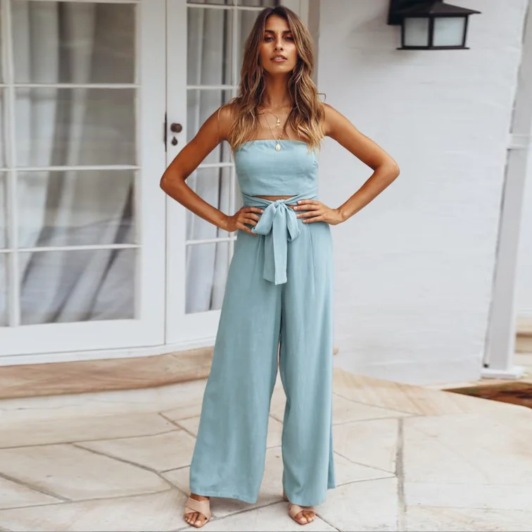2024 Summer Casual Strap Jumpsuits Solid Color Sleeveless Casual Strap Long Jumpsuit  For Women Strapless Straight Leg Pants