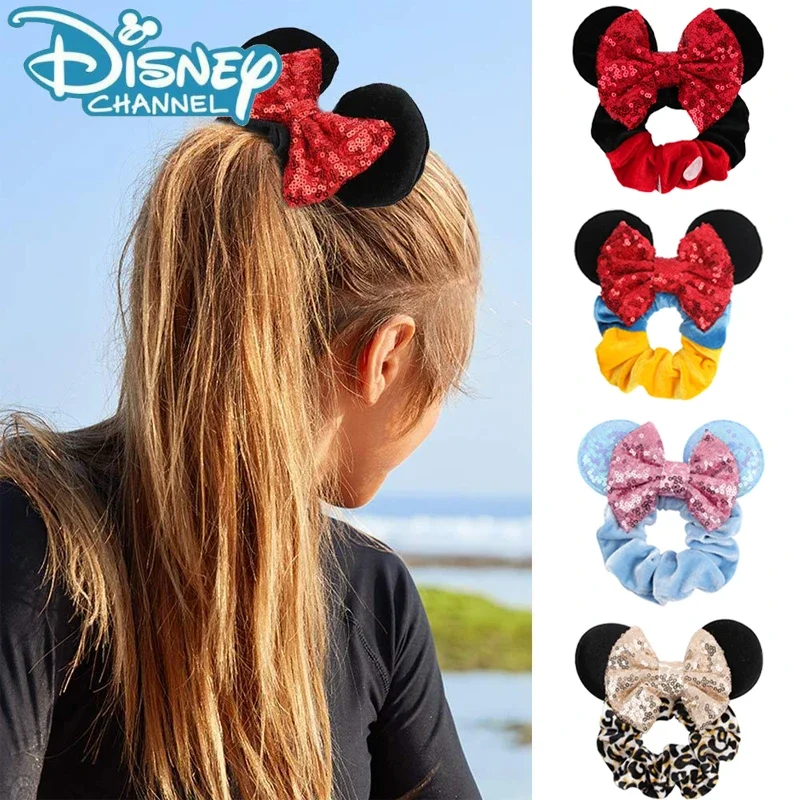 2024 Disney Mickey Minnie Ears Plush Scrunchie Girl Anime Cartoon Sequin Bow Cute Hair Accessories for Children's Birthday Gifts