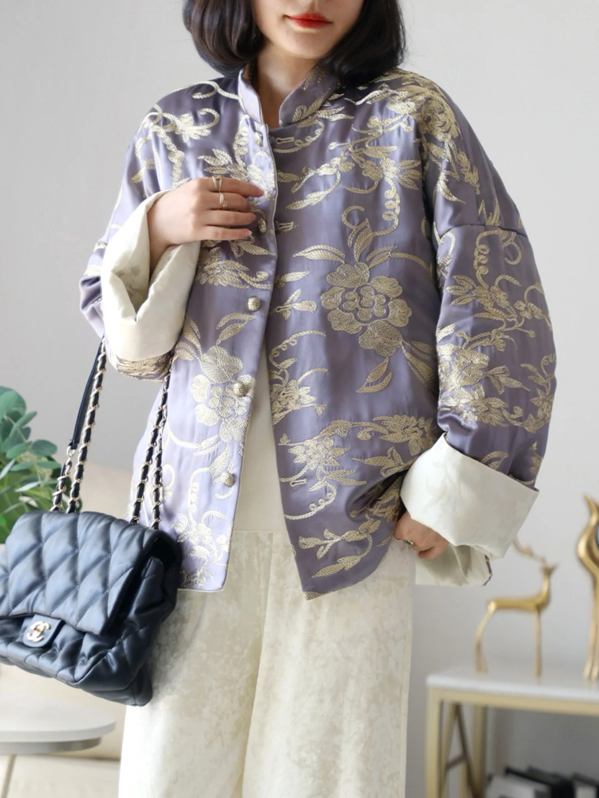 

Двусторонняя теплая верхняя одежда с золотой вышивкой, свободного кроя, в китайском стиле, женское длинное пальто на пуговицах