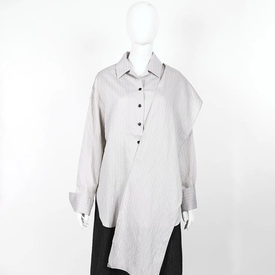 2025 primavera feminina cinza riscas assimétrico colarinho camisa oversized manga longa botão para baixo topo para senhoras moda