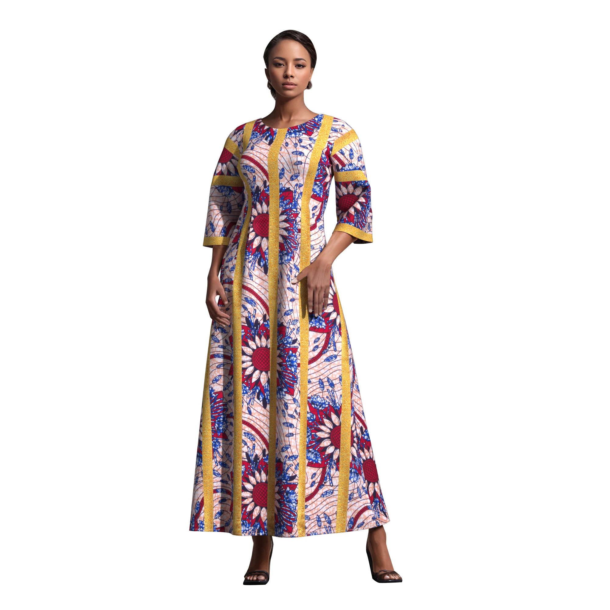 New African Print Fabric Maxi Dress, Contrast Color Panel Splicing Style, Multiple Designs & Sizes  WY10646