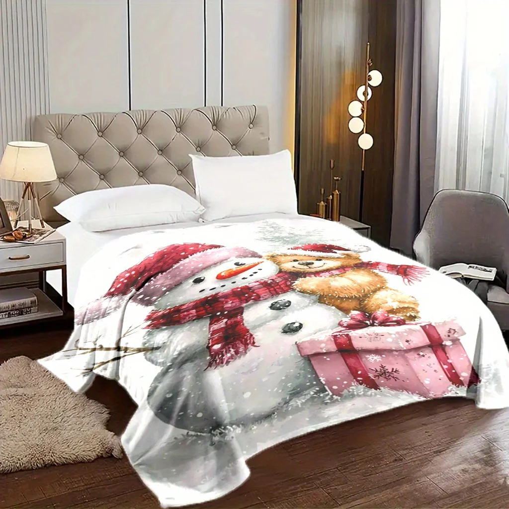 Cozy Christmas Snowman & Teddy Bear Flannel Blanket - Soft, Warm Throw for Naps, Camping, Travel & Home Decor