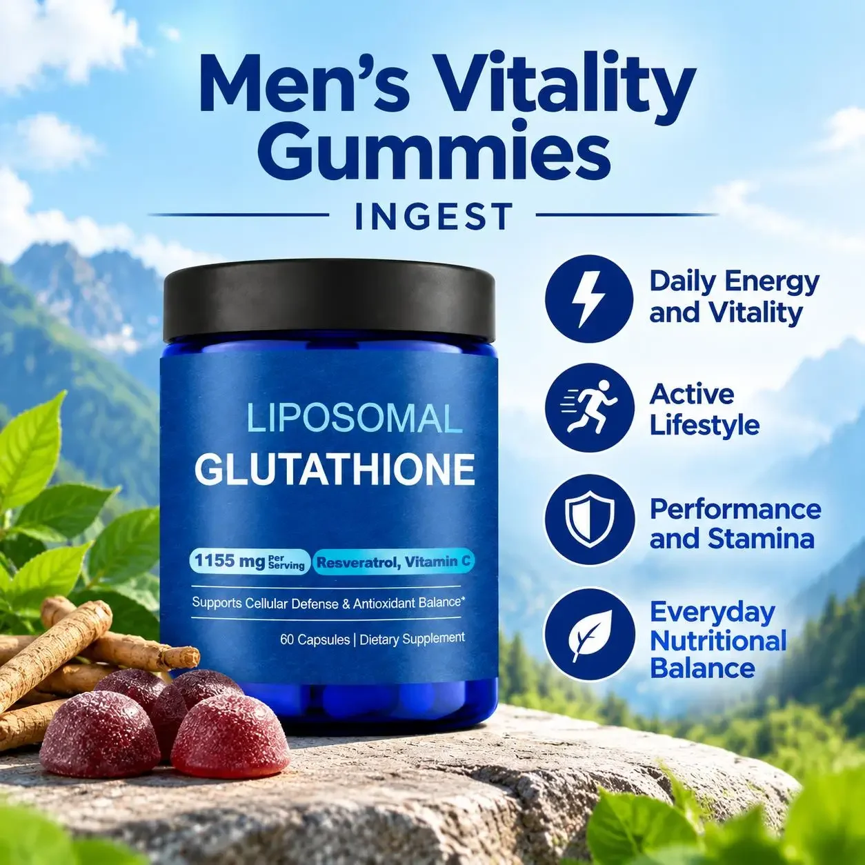 Liposomal Glutathione 1000mg with Resveratrol Vitamin C Skin Radiance Cellular Health Master Antioxidant Support 60 Capsules