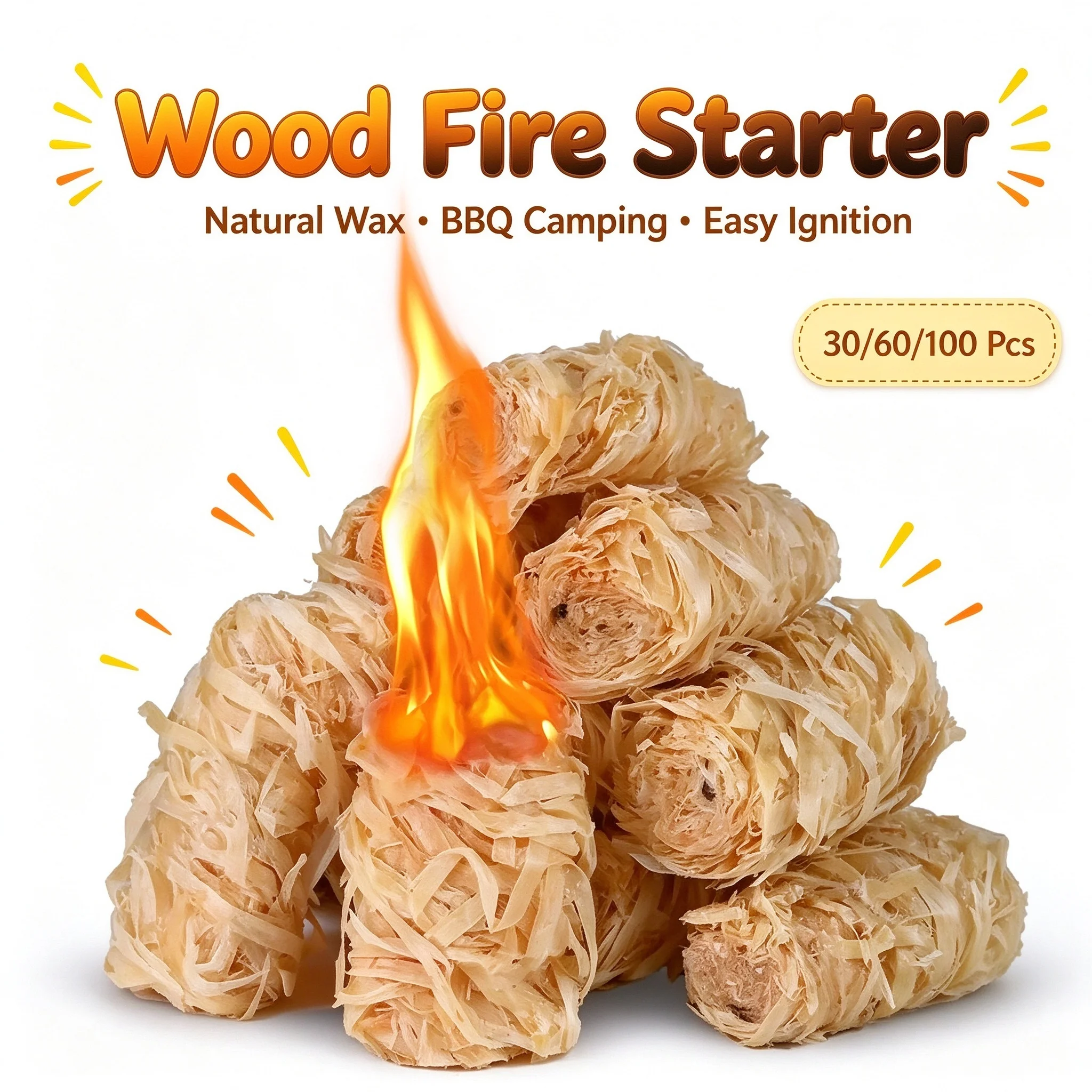 Natural Wax Wood Fire Starter Sticks 30/60/100Pcs for BBQ, Fireplace, Chimney Oven, Charcoal Lighter, Outdoor Camping