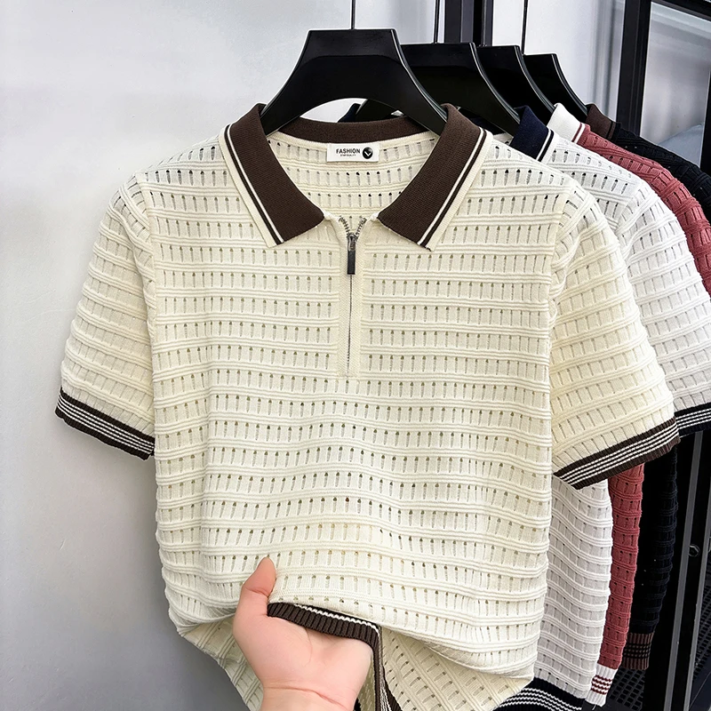 Old Money Style Knitted Shirt Men's Short Sleeve High End Look Flip Collar Zipper Business Casual T-shirt Top