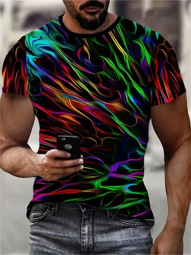 Men's Neon Swirl Abstract Print T Shirt Casual Crew Neck Short Sleeve Tees Vibrant Multicolor Tops for Party and Daily Wear