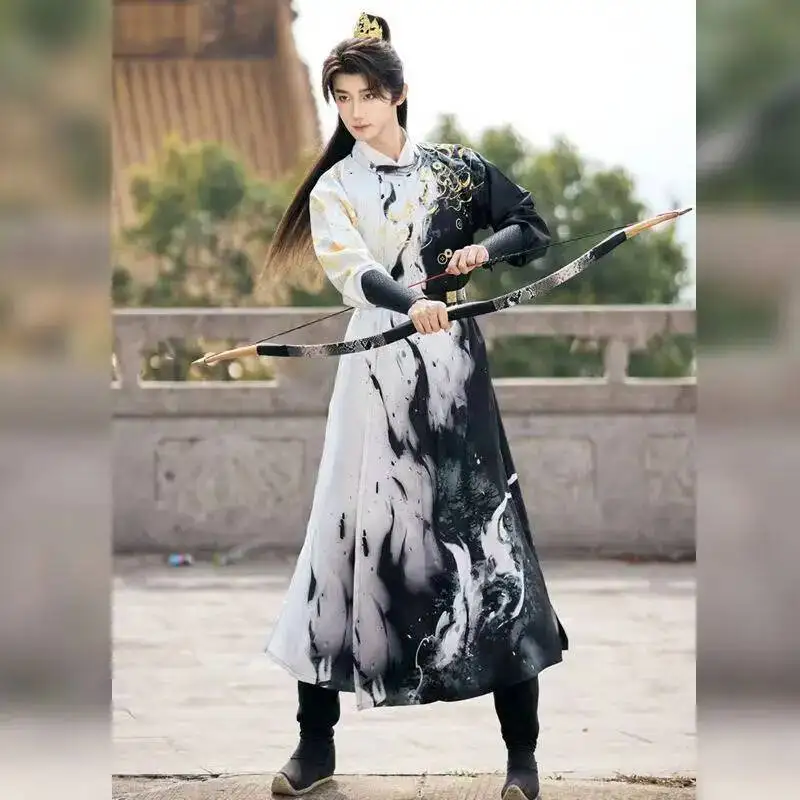 

Classic Men's Tang Dynasty Hanfu Dress Traditional Starry Galaxy Round Neck Robe Trendy New Cool Carnival Swordsman Cosplay Suit