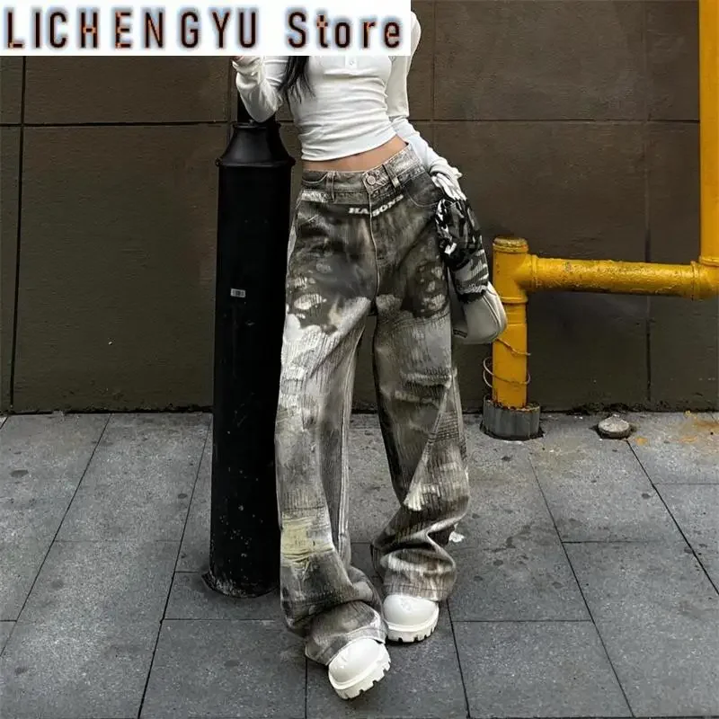 

Women'sPrinted Dirty Dye Design Casual Pants Fashion Street Cool Girl Wide Legs Bottoms Female High Waist Straight Trousers