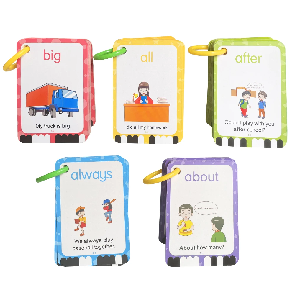 220 Sight Words Flashcards with Pictures and Sentences, 5 Levels High Frequency Words Vocabulary Building Kids Teaching Aids