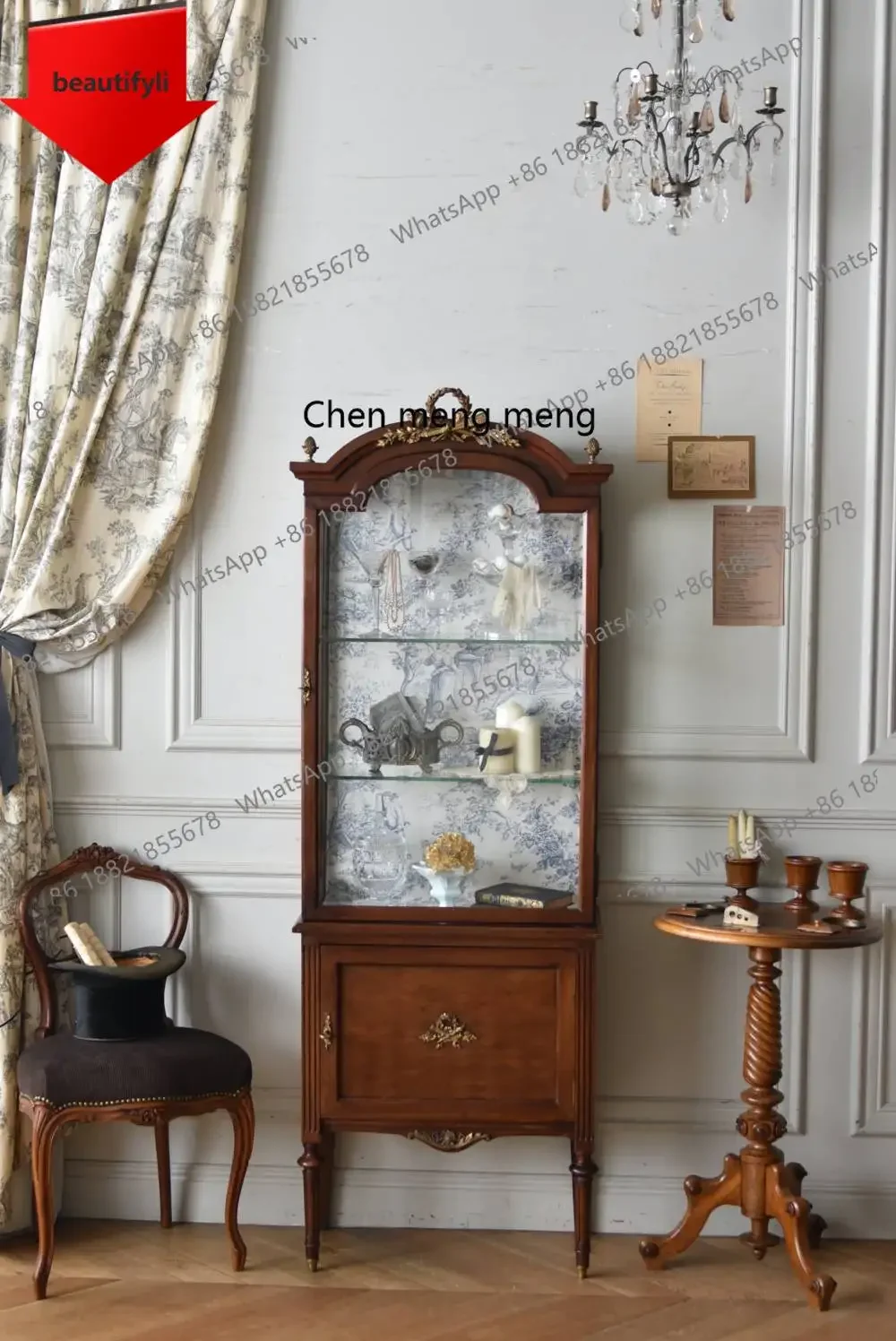 

Q181 French retro solid wood wine cabinet living room wall glass door display cabinet TV side decoration dining room cabinet