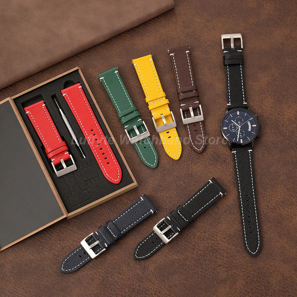Double Sided Litchi Texture Strap 18 20 22 24mm with Quick Release Spring Bar and Gift Box Vintage Unisex Business Wristband