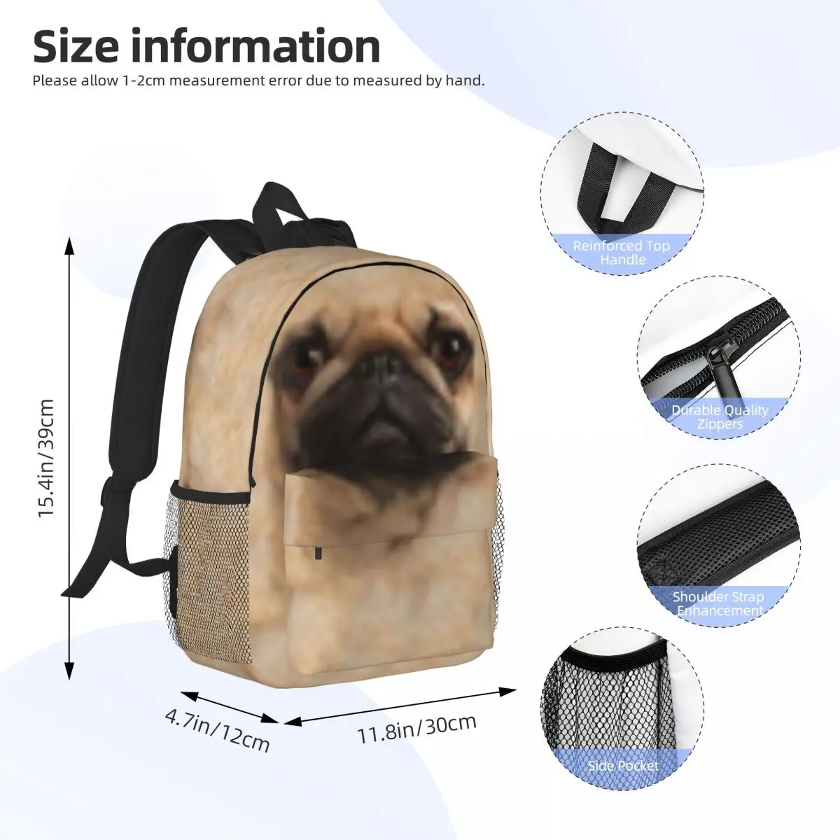Giant Pug Face For Girls Boys Large Capacity Student Backpack Lightweight waterproof Backpack 15inch