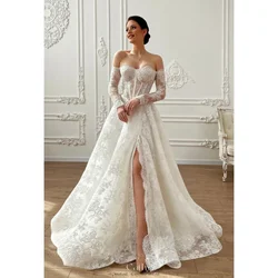 Cathy White Flowers Embroidery Lace Wedding Dresses Long Sleeves Strapless vestidos de noche Side Slit Customized Formal Evening
