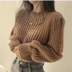 Round Neck Thickened Short Knitted Pullovers Women Fall Winter Loose Casual Long Sleeve Sweaters Top 4 Colors